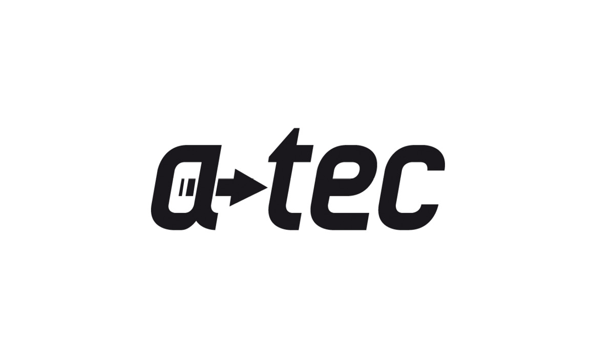 Logo von a-tec Design Craft Trade mit schwarzer Wortmarke „a-tec“ und stilisiertem Signet auf weißem Hintergrund.