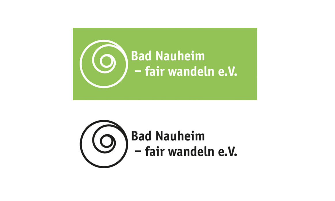 Logo des Vereins Bad Nauheim – fair wandeln e. V. mit grünem Signet und Wortmarke sowie einer einfarbigen Schwarz-Weiß-Variante auf weißem Hintergrund.