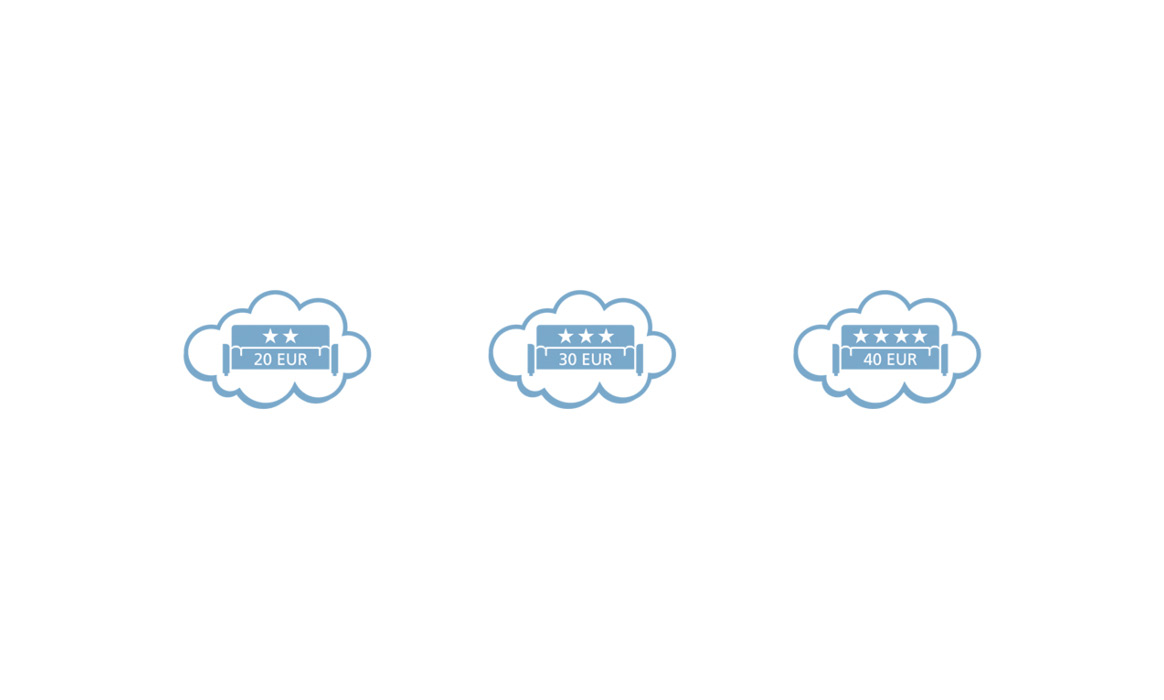 Varianten des Logos der Kampagne „Hotelbetten zum Couchtarif“ mit drei unterschiedlich eingefärbten Versionen des Wolken- und Bett-Signets auf weißem Hintergrund.