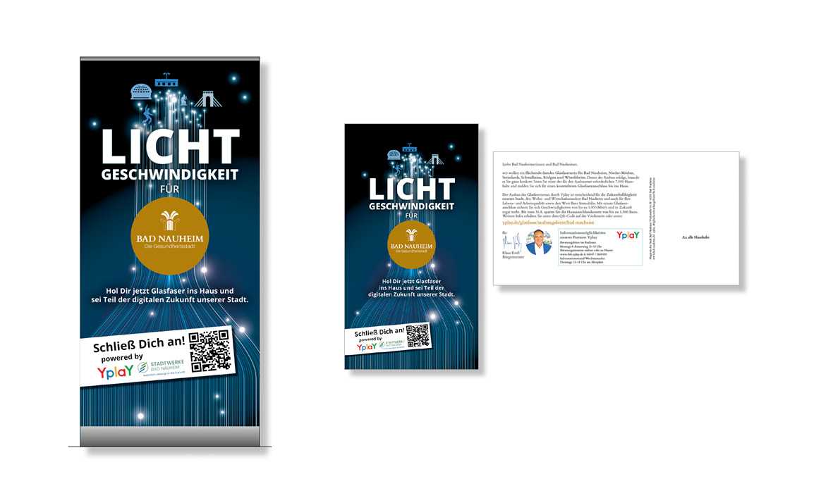 Kommunikationsmedien der Glasfaserkampagne der Stadt Bad Nauheim mit einem Roll-up, einer Postkarte bzw. einem Mailing sowie einer Informationsbroschüre. Sichtbar sind die Überschrift „LICHT GESCHWINDIGKEIT“, der Hinweis „BAD NAUHEIM geht online“ sowie Informationen zum Glasfaserausbau.
