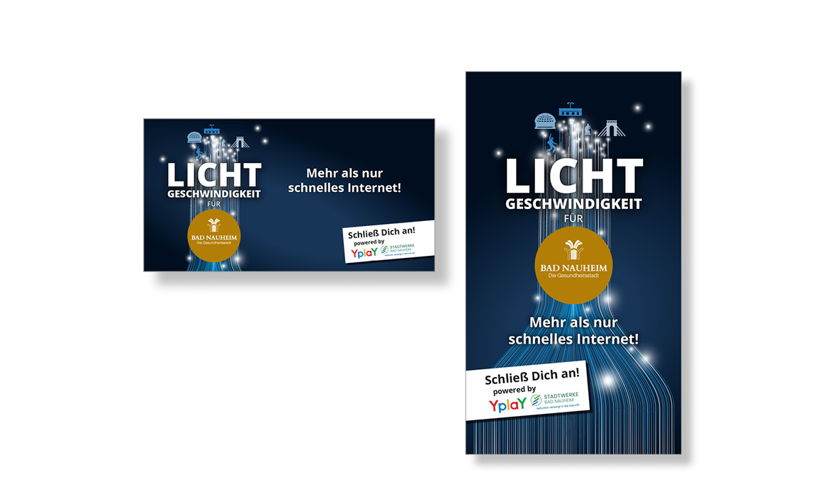 Werbemittel der Glasfaserkampagne der Stadt Bad Nauheim. Sichtbar sind die Überschrift „LICHT GESCHWINDIGKEIT“ sowie die Botschaft „Mehr als nur schnelles Internet“.