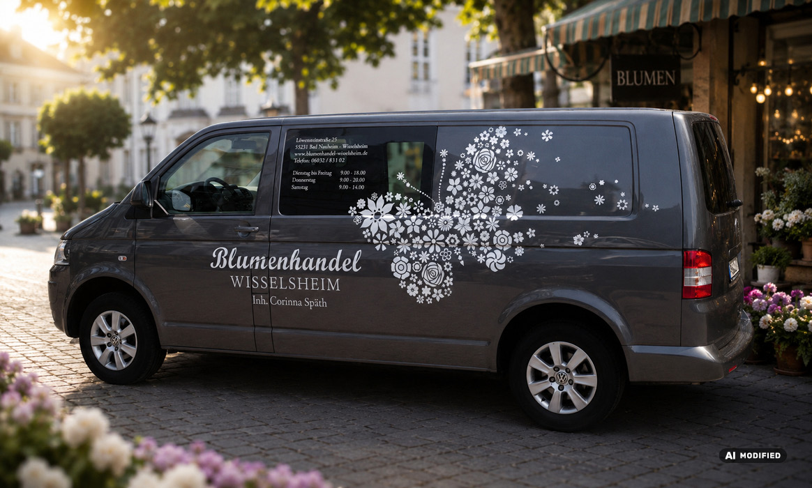 Fahrzeugbeschriftung des Blumenhandel Wisselsheim auf einem Lieferfahrzeug mit dem Schmetterlingslogo und der Wortmarke „Blumenhandel Wisselsheim“.