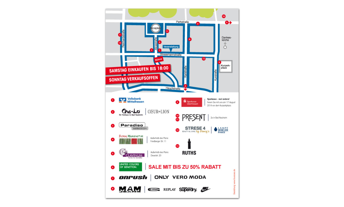 Lageplan zur Veranstaltung „Bad Nauheim holt die Stühle raus – zum Elvis Festival“ mit teilnehmenden Geschäften, Gastronomie, Veranstaltungsorten und Aktionsflächen in der Innenstadt.