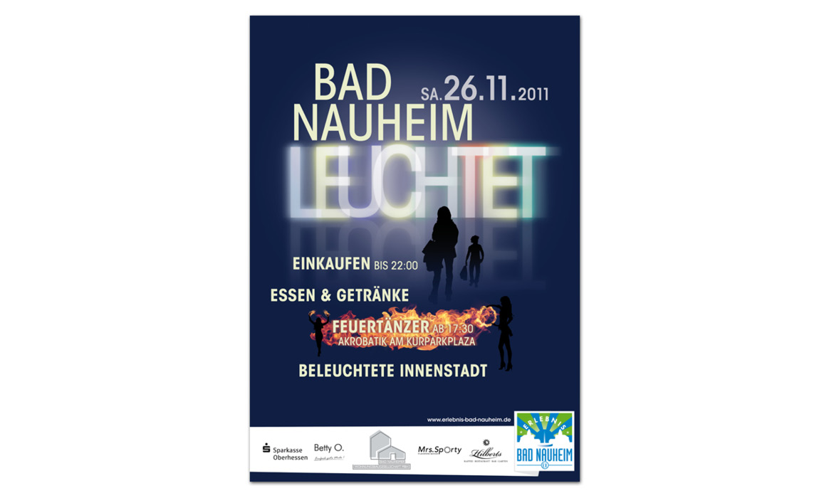 Plakat der Veranstaltung „Bad Nauheim leuchtet“ für Samstag, 26.11.2011 mit den Programmpunkten „Einkaufen bis 22:00“, „Essen & Getränke“, „Feuertänzer“ und „Beleuchtete Innenstadt“.
