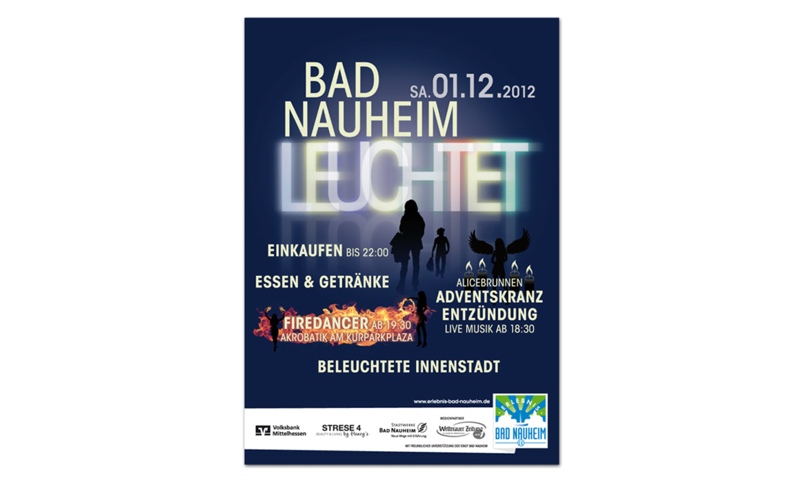 Plakat der Veranstaltung „Bad Nauheim leuchtet“ für Donnerstag, 01.12.2012 mit den Programmpunkten „Einkaufen bis 22:00“, „Adventskranzentzündung“, „Feuertänzer“, „Live Musik ab 18:30“ und „Beleuchtete Innenstadt“.