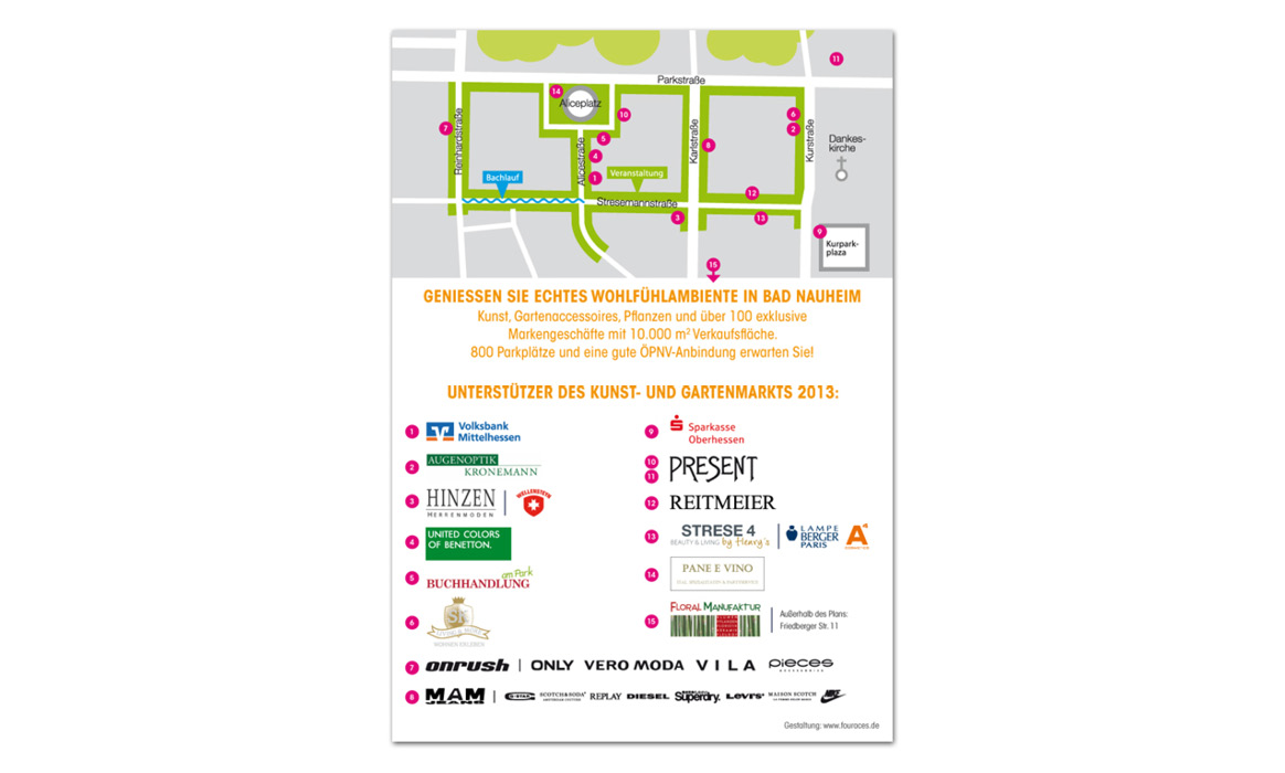 Programmflyer zum „Kunst- und Gartenmarkt Bad Nauheim“ mit Lageplan, Ausstellerübersicht und Informationen zu den Veranstaltungsflächen in der Innenstadt.