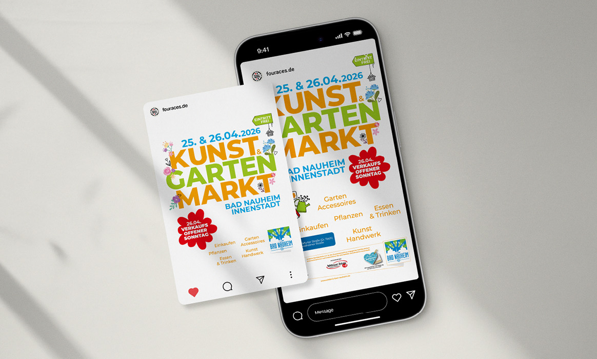 Social-Media-Darstellung des „Kunst- und Gartenmarkts Bad Nauheim“ auf Smartphone und Beitrag mit Veranstaltungsplakat im Corporate Design.