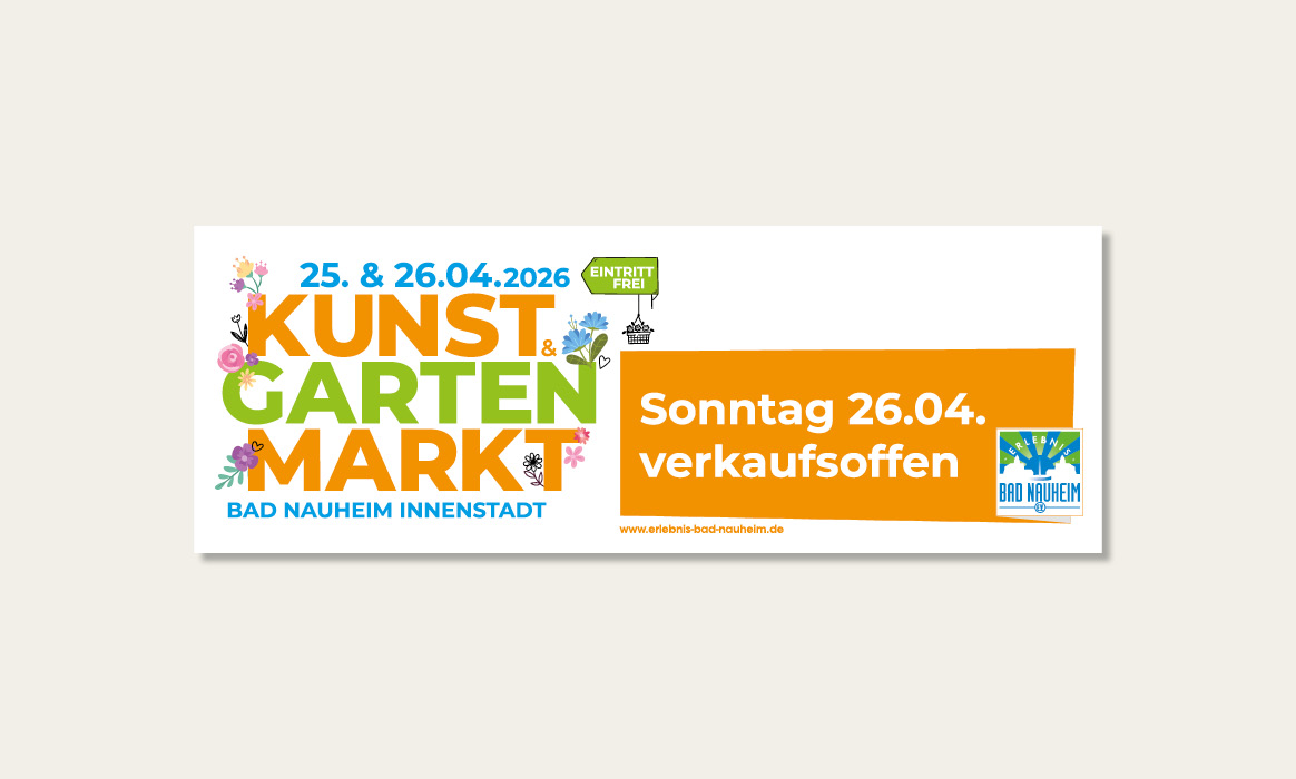 Werbebanner zum „Kunst- und Gartenmarkt Bad Nauheim“ mit den Veranstaltungstagen 25. & 26.04.2026 und dem Hinweis „Sonntag 26.04. verkaufsoffen“.