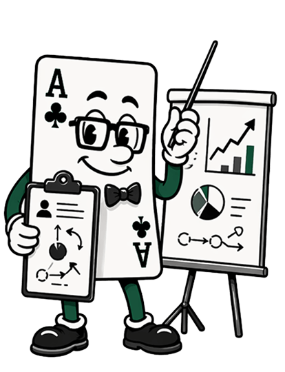 Stilisierte Kreuz Ass Figur steht neben einem Diagramm und zeigt darauf