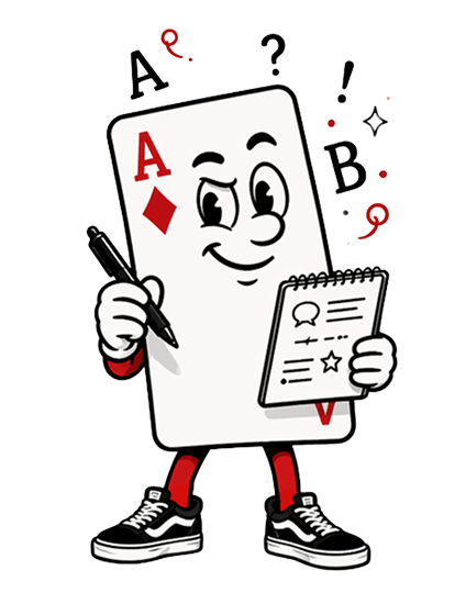 Stilisierte Karo Ass Figur hat Block und Stift in der Hand und Buchstaben schweben umher