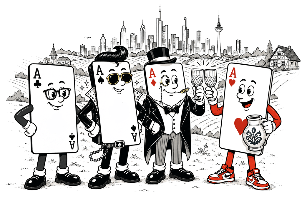 Stilisierte Pokerkarten in typischen Verkleidungen stehen nebeneinander vor stilisierter hessischer Kulisse