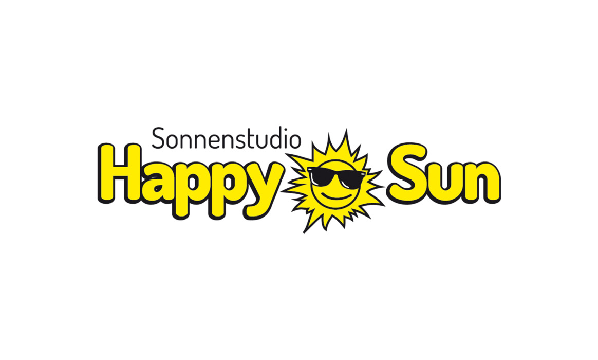 Logo des Sonnenstudios Happy Sun mit der Wortmarke „Happy Sun“, dem Zusatz „Sonnenstudio“ und einer stilisierten gelben Sonne mit Sonnenbrille.