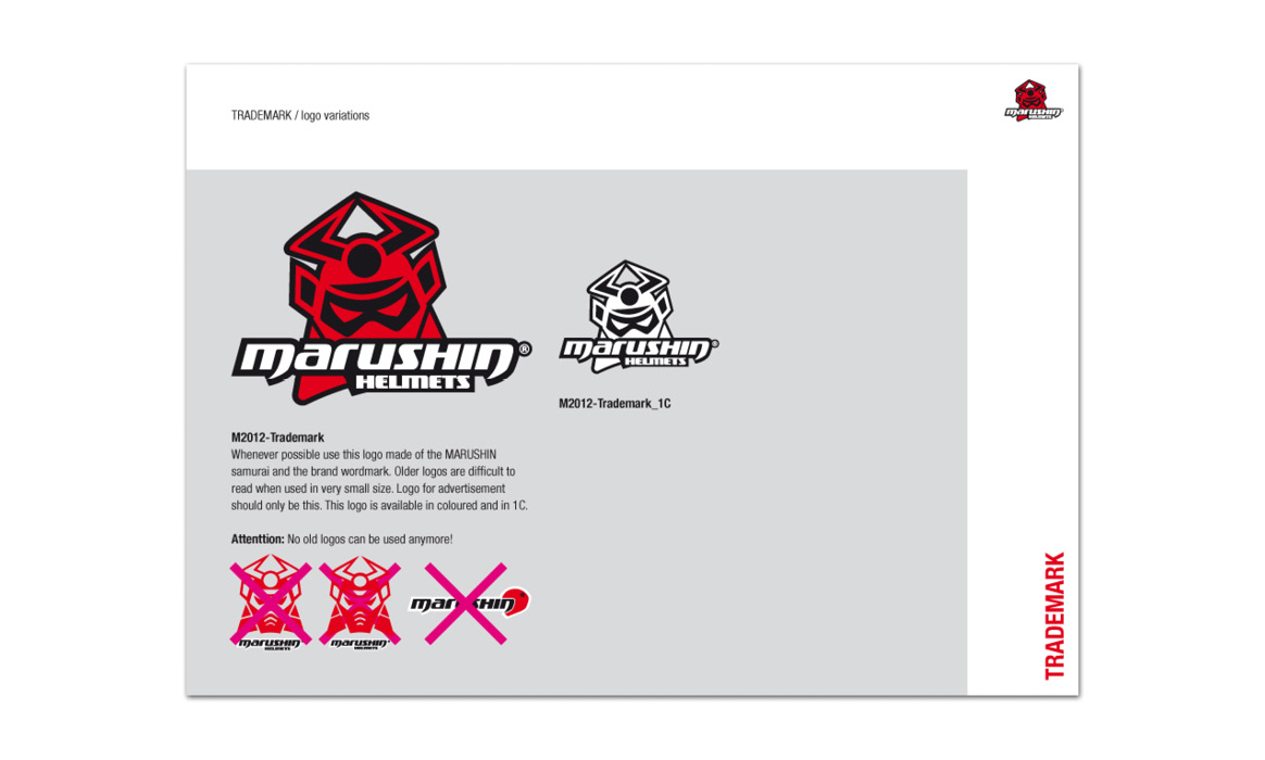 Seite des Marushin Brand-Identity-Guides mit Logo, Logovarianten und Gestaltungsrichtlinien.