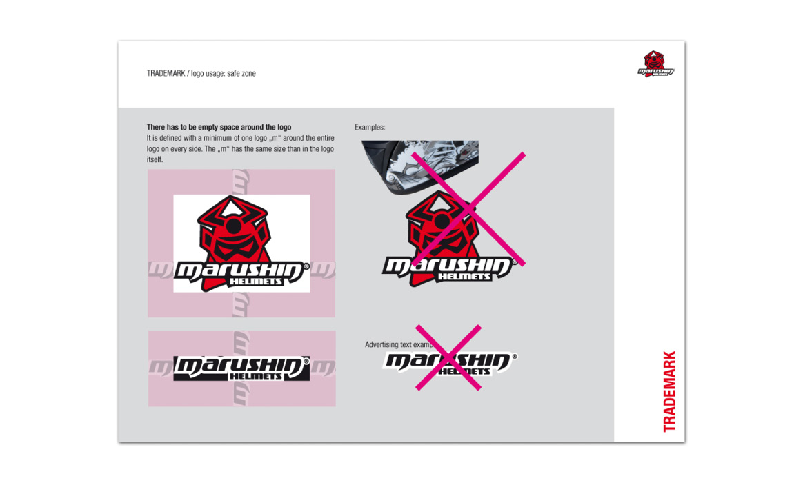 Seite des Marushin Brand-Identity-Guides mit Beispielen zur korrekten und falschen Verwendung des Marushin-Logos.