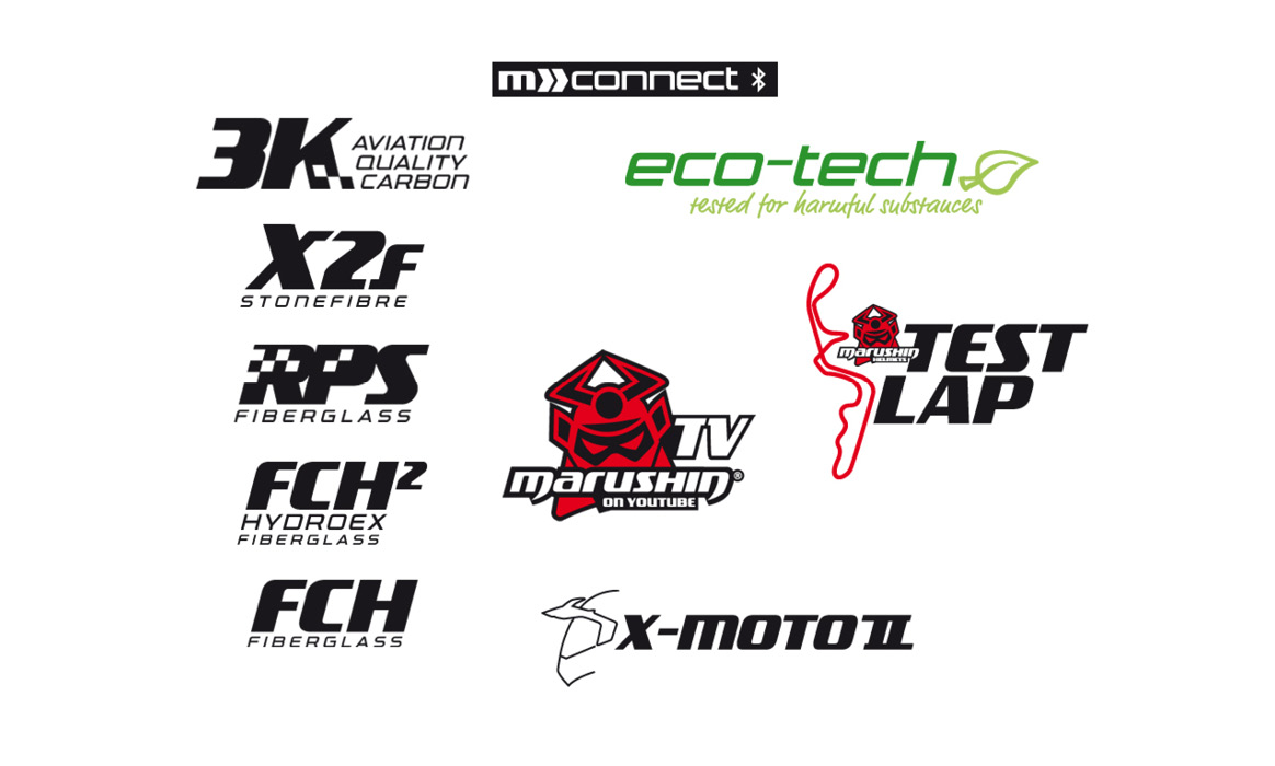 Übersicht verschiedener Partner- und Markenlogos einschließlich des Marushin-Logos auf weißem Hintergrund.
