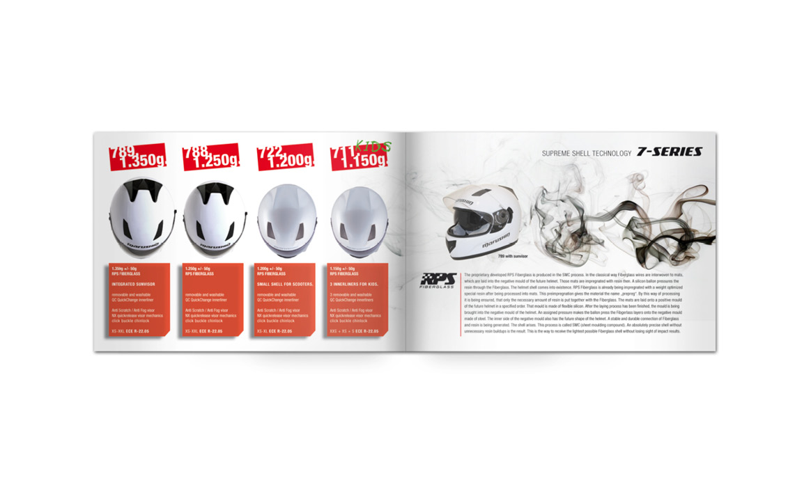 Doppelseite des Marushin Brand-Identity-Guides mit Produktabbildungen der 7-Series sowie Gestaltungsrichtlinien für Produktdarstellungen.