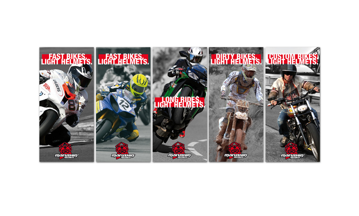 Übersicht verschiedener Social-Media-Titelgrafiken von Marushin Helmets für Facebook mit Motorradfahrern und den Kampagnenslogans „Fast Bikes. Light Helmets.“ und „Dirty Bikes. Light Helmets.“.