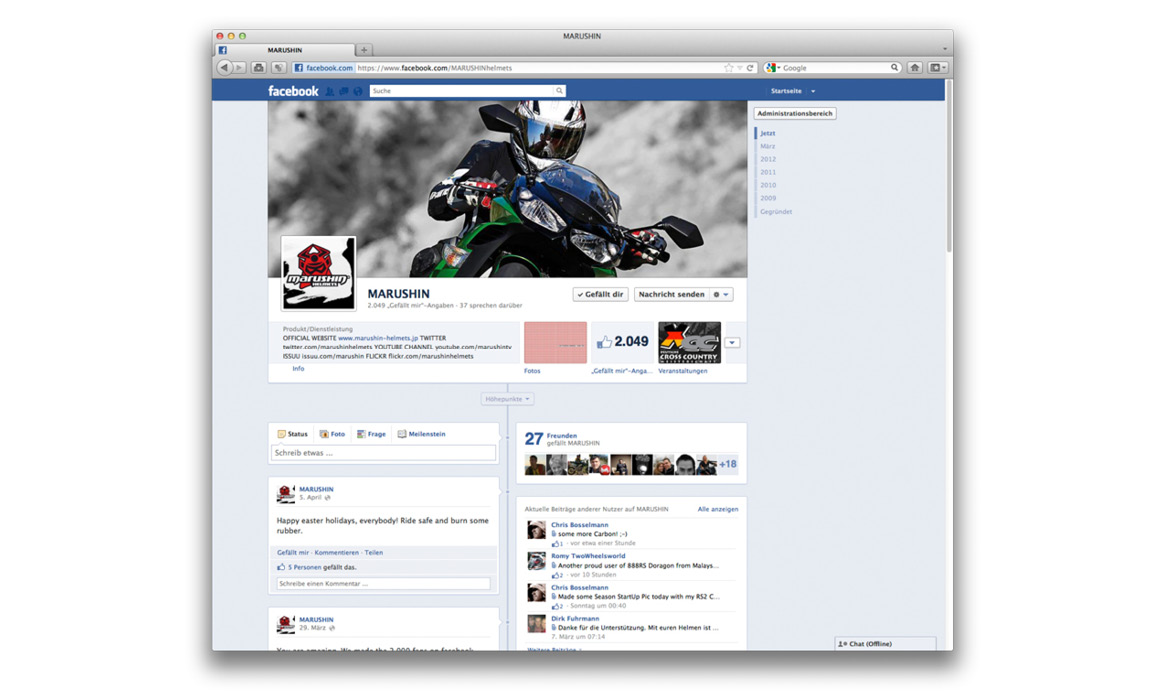 Facebook-Unternehmensseite von Marushin Helmets mit Titelbild eines Motorradfahrers und Beitragsübersicht.