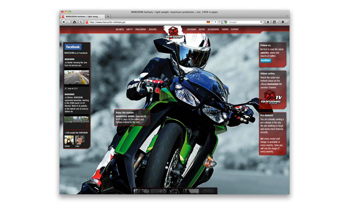 Screenshot der Website von Marushin Helmets mit einem Motorradfahrer auf der Startseite sowie Produktnavigation für Motorradhelme.