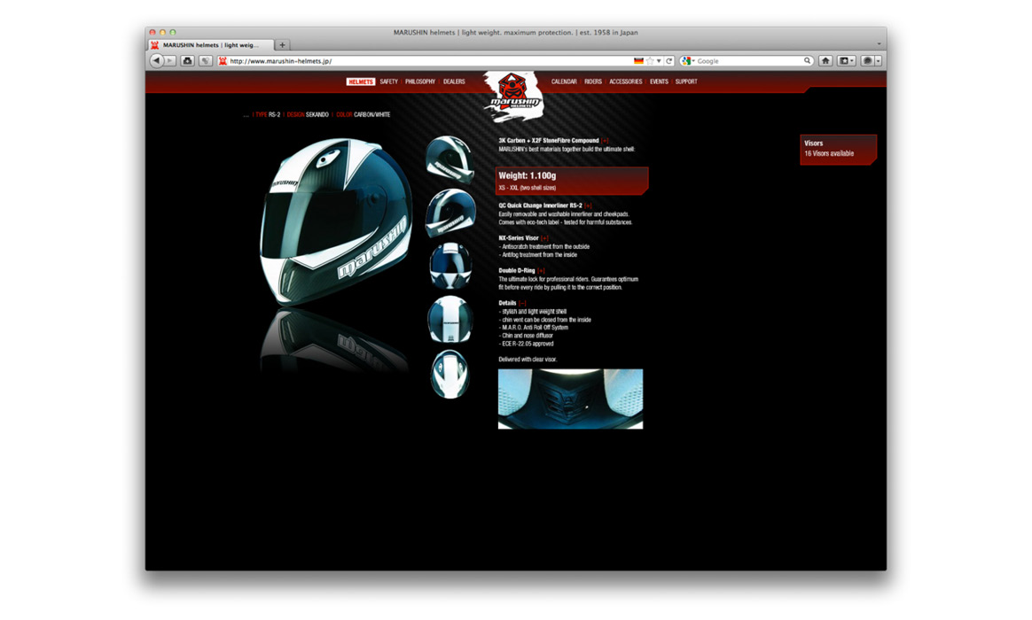 Screenshot der Website von Marushin Helmets mit der Detailseite eines Motorradhelms einschließlich Produktinformationen und Detailansichten.