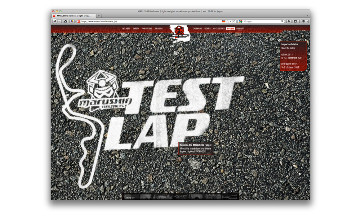 Screenshot der Website von Marushin Helmets mit der Überschrift „TEST LAP“ und einer stilisierten Rennstreckengrafik.