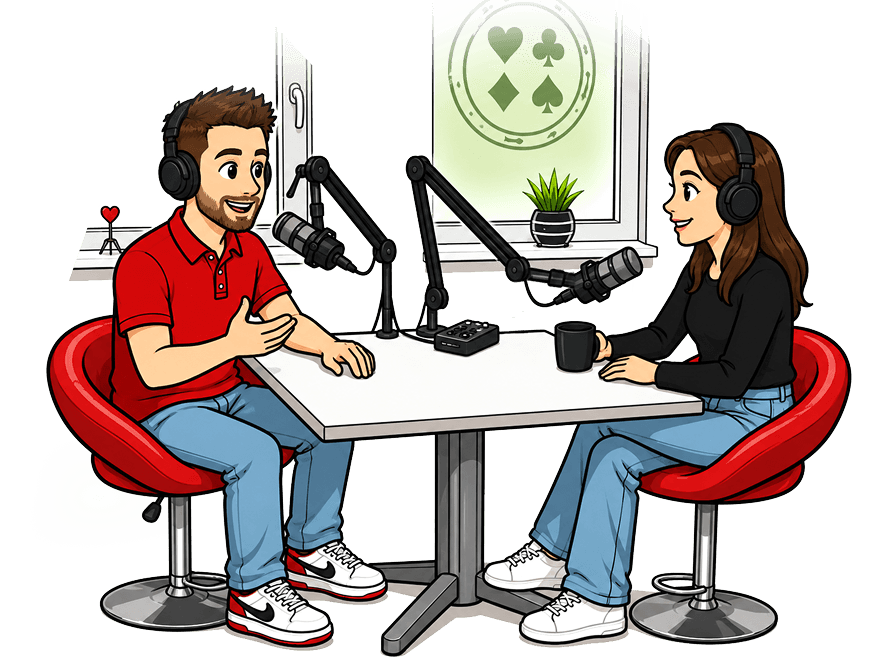 Stilisierte Szene von Benjamin Holzhausen und weiblichem Gast im Podcast-Studio