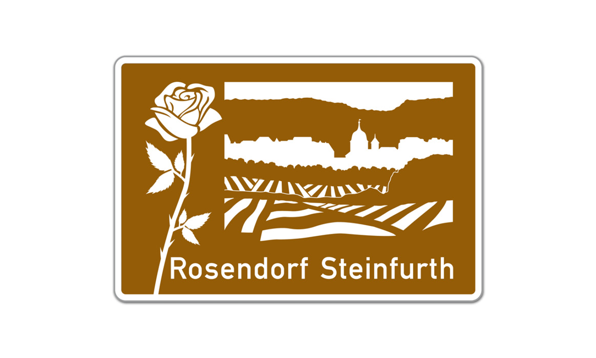 Touristisches Autobahnschild „Rosendorf Steinfurth“ mit stilisierter Rose und Landschaftssilhouette auf braunem Hintergrund.