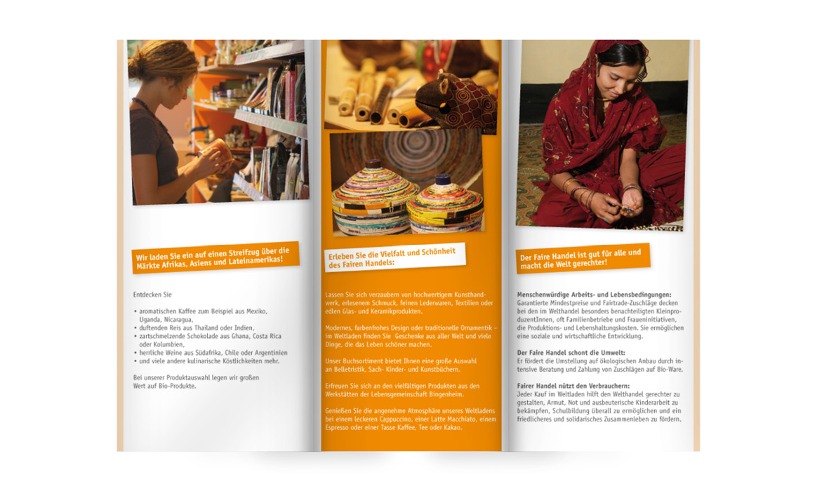 Innenseiten des Flyers des Weltladens Bad Nauheim mit Informationen zum fairen Handel, dem Ladengeschäft, Produktangeboten und Kontaktinformationen.