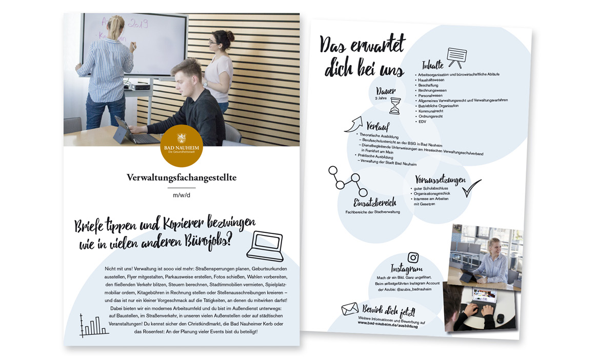 Innenseiten der Ausbildungsmappe der Stadt Bad Nauheim mit Informationen zum Ausbildungsberuf Verwaltungsfachangestellte, der Überschrift „Das erwartet dich bei uns“, Illustrationen und Fotos.