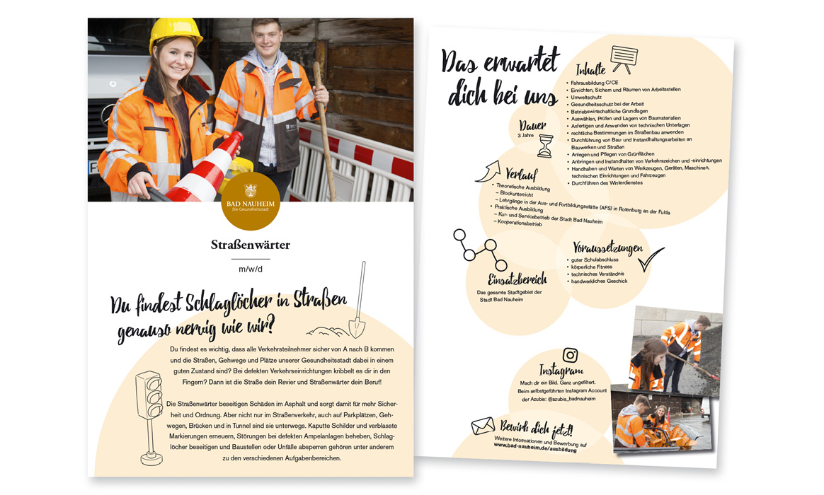 Innenseiten der Ausbildungsmappe der Stadt Bad Nauheim mit Informationen zum Ausbildungsberuf Straßenwärter, der Überschrift „Das erwartet dich bei uns“, Fotos aus dem Arbeitsalltag sowie grafischen Informationselementen.