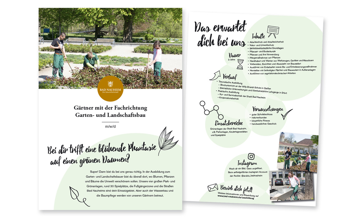 Innenseiten der Ausbildungsmappe der Stadt Bad Nauheim mit Informationen zum Ausbildungsberuf Gärtner oder Fachrichtung Garten- und Landschaftsbau, der Überschrift „Das erwartet dich bei uns“, Fotos aus dem Arbeitsalltag sowie grafischen Informationselementen.