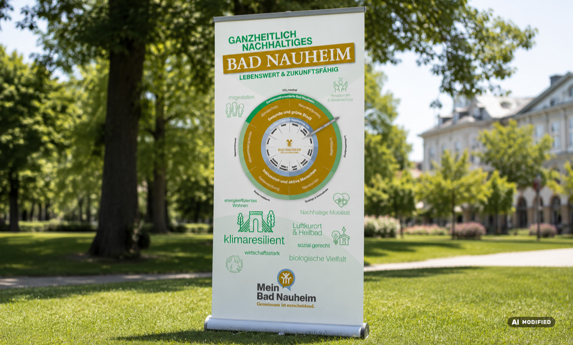 Roll-up der Stadt Bad Nauheim mit der Überschrift „GANZHEITLICH NACHHALTIGES BAD NAUHEIM“, einer Donut-Infografik zur nachhaltigen Stadtentwicklung sowie Symbolen und Begriffen zu den Nachhaltigkeitszielen.