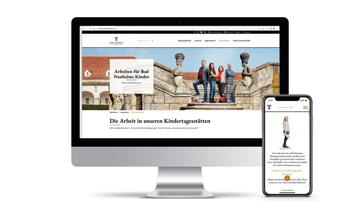 Responsives Website-Mockup der Erzieherkampagne der Stadt Bad Nauheim auf Desktop-Monitor und Smartphone. Sichtbar sind die Überschrift „Arbeiten für Bad Nauheims Kinder“, das Kampagnenmotiv mit Erzieherinnen und Erziehern sowie Informationen zu den Kindertagesstätten.