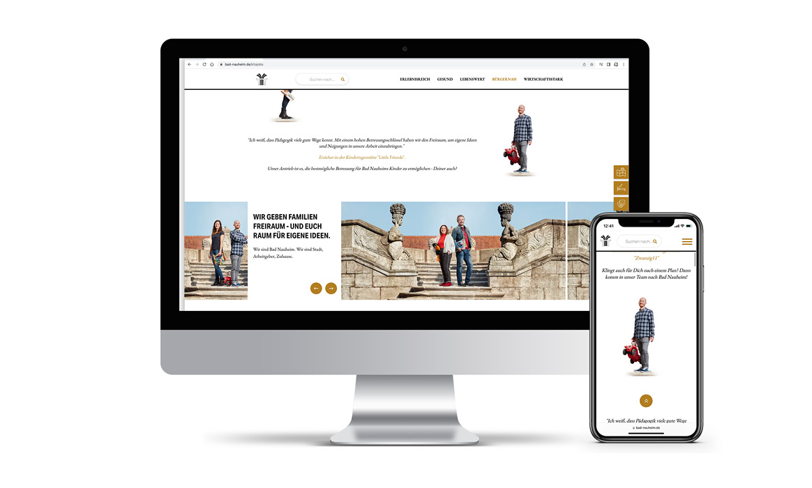 Responsives Website-Mockup der Erzieherkampagne der Stadt Bad Nauheim auf Desktop-Monitor und Smartphone mit mehreren Inhaltsbereichen, dem Kampagnenmotiv sowie Informationen zum Berufsbild Erzieher:in.