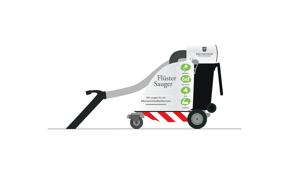 Fahrzeugbeschriftung der Stadt Bad Nauheim für einen Flüstersauger mit der Bezeichnung „FlüsterSauger“, dem Logo der Stadt Bad Nauheim sowie Piktogrammen zu den Eigenschaften des Fahrzeugs.