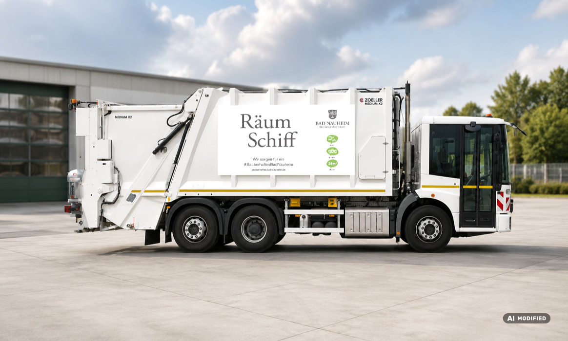 Fahrzeugbeschriftung eines Nutzfahrzeugs der Stadt Bad Nauheim mit dem Schriftzug „RäumSchiff“, dem Logo der Stadt Bad Nauheim sowie mehreren grünen Piktogrammen auf der Fahrzeugseite.