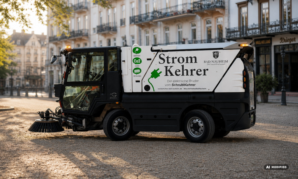 Fahrzeugbeschriftung eines Nutzfahrzeugs der Stadt Bad Nauheim mit dem Schriftzug „StromKehrer“, dem Logo der Stadt Bad Nauheim sowie grünen Piktogrammen zu den Fahrzeugeigenschaften auf der Seitenfläche.