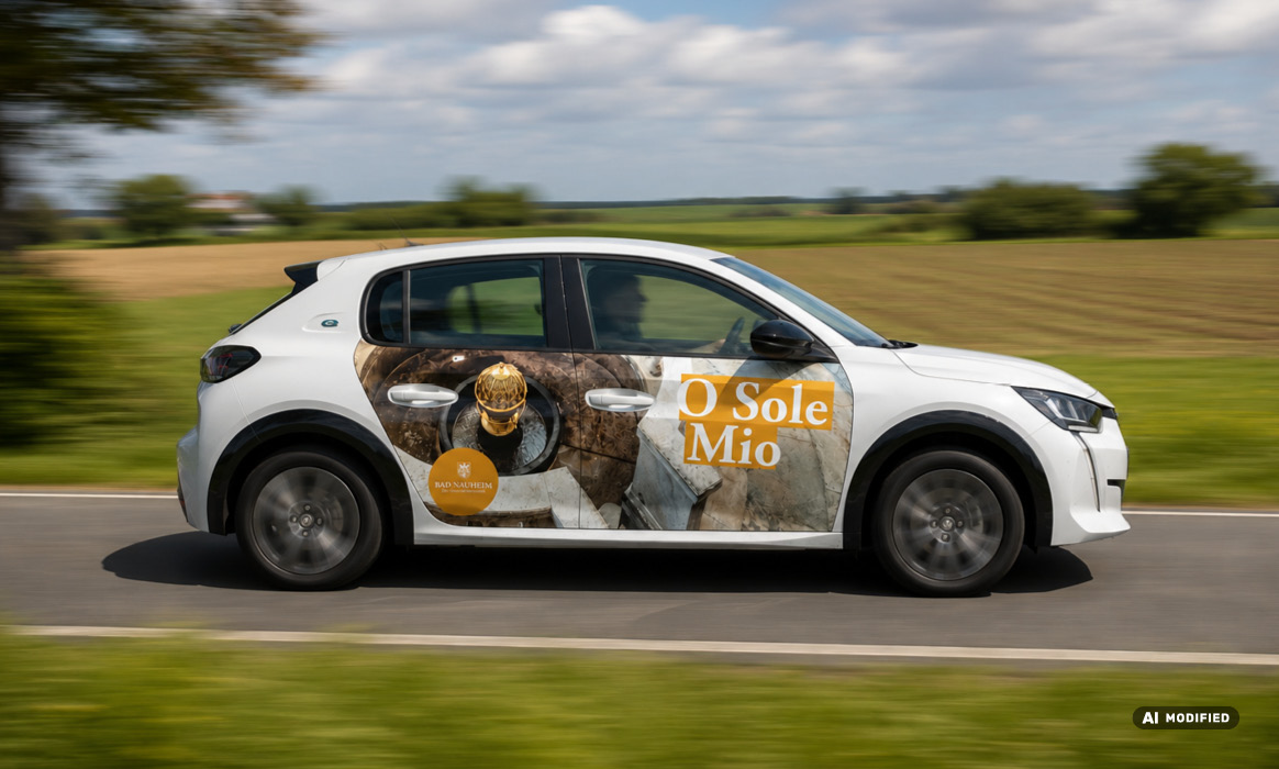 Visualisierung der Fahrzeugbeschriftung „O Sole Mio“ der Stadt Bad Nauheim an einem fahrenden Pkw.