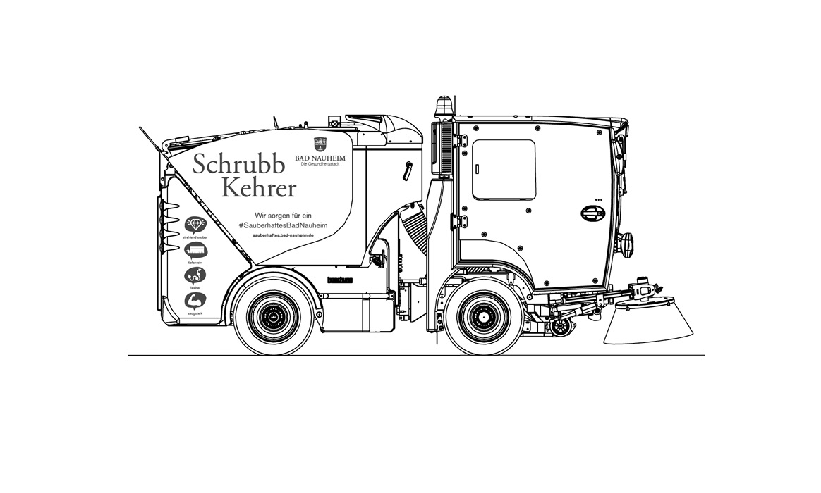 Entwurfszeichnung der Fahrzeugbeschriftung „SchrubbKehrer“ der Stadt Bad Nauheim als technische Seitenansicht eines Kehrfahrzeugs mit Logo der Stadt Bad Nauheim sowie dem Slogan „Wir sorgen für ein #SauberhaftesBadNauheim“