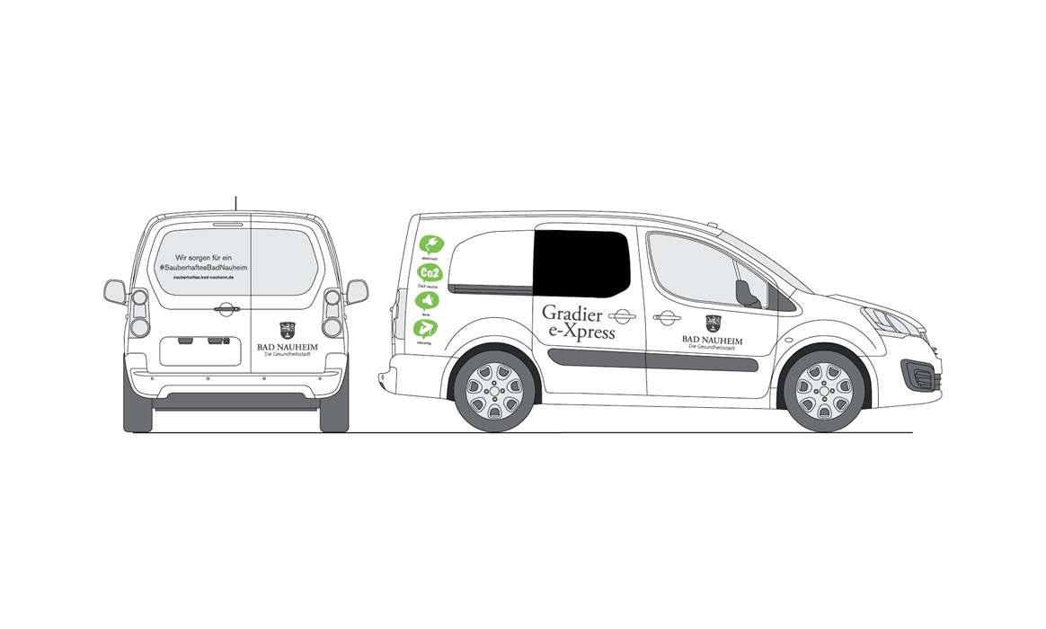 Entwurfsdarstellung der Fahrzeugbeschriftung „GradierExpress“ der Stadt Bad Nauheim mit Front-, Heck- und Seitenansicht eines Transporters, Logo der Stadt Bad Nauheim sowie grünen Piktogrammen auf der Fahrzeugseite.