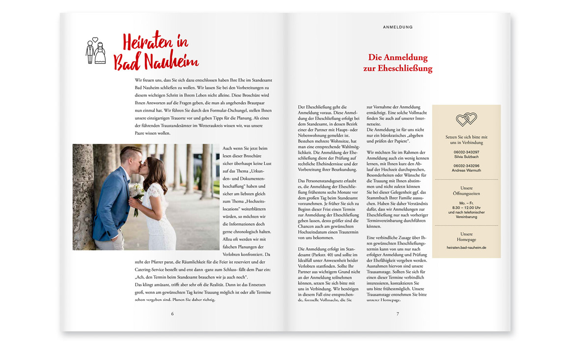 Innenseiten der Hochzeitsbroschüre der Stadt Bad Nauheim mit den Überschriften „Heiraten in Bad Nauheim“ und „Die Anmeldung zur Eheschließung“, einem Foto eines Brautpaares sowie Informationen und Kontaktangaben zur Anmeldung.