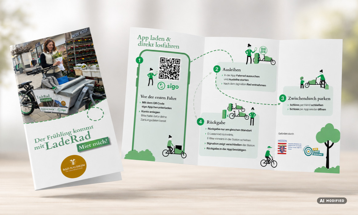 Informationsflyer der Laderad-Kampagne der Stadt Bad Nauheim mit Titelseite und geöffneter Innenseite. Sichtbar sind Informationen zur Ausleihe, ein QR-Code, Illustrationen sowie die Überschrift „Der Frühling kommt mit LadeRad“.