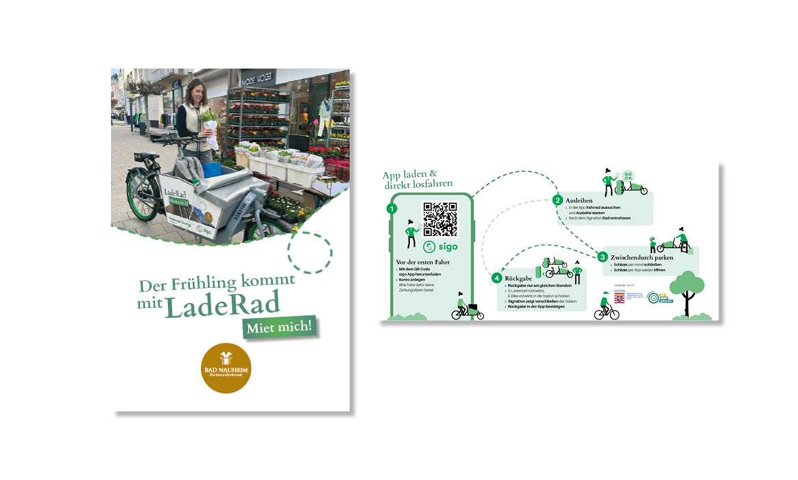 Kommunikationsmedien der Laderad-Kampagne der Stadt Bad Nauheim mit einem Plakat sowie einer geöffneten Informationsbroschüre. Sichtbar sind die Überschrift „Der Frühling kommt mit LadeRad“, ein QR-Code und Illustrationen zur Ausleihe.