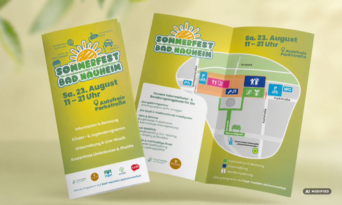 Kommunikationsmedien zum Sommerfest Bad Nauheim mit Programmflyer, Informationsflyer und Lageplan. Sichtbar sind die Überschrift „Sommerfest Bad Nauheim“, der Termin „Sa. 23. August, 11–21 Uhr“ sowie Informationen zu Programm und Veranstaltungsgelände.