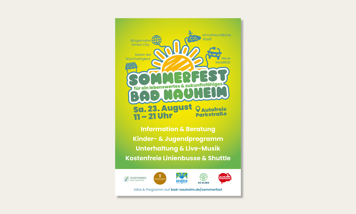 Plakat zum Sommerfest Bad Nauheim mit der Überschrift „Sommerfest Bad Nauheim“, dem Termin „Sa. 23. August, 11–21 Uhr“ sowie Informationen zu Kinder- und Jugendprogramm, Unterhaltung und Live-Musik.