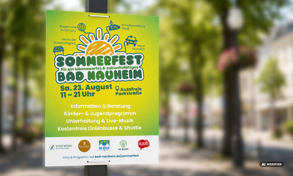 City-Light-Plakat zum Sommerfest Bad Nauheim mit der Überschrift „Sommerfest Bad Nauheim“, dem Termin „Sa. 23. August, 11–21 Uhr“ sowie Informationen zu Programm und Veranstaltungsort.
