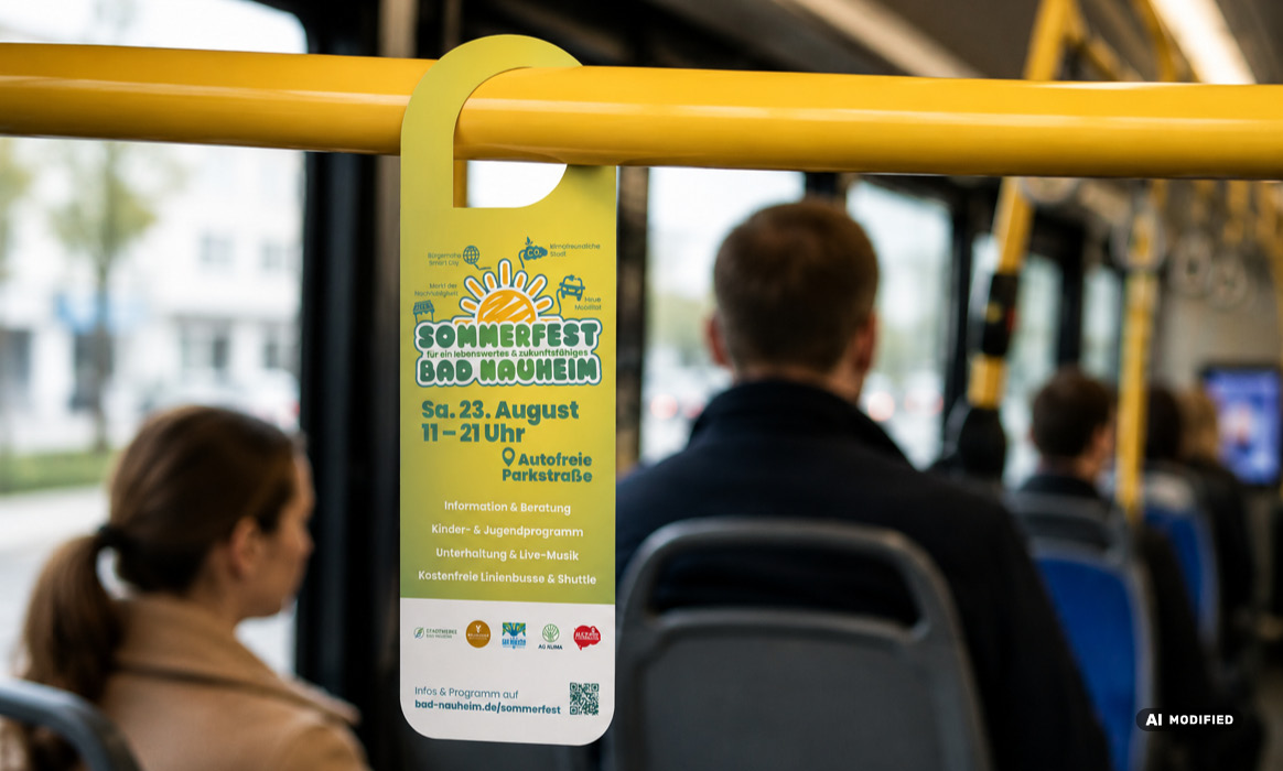 Werbeplakat zum Sommerfest Bad Nauheim im Fahrgastraum eines Linienbusses mit der Überschrift „Sommerfest Bad Nauheim“, dem Termin „Sa. 23. August, 11–21 Uhr“ sowie Informationen zum Veranstaltungsprogramm.