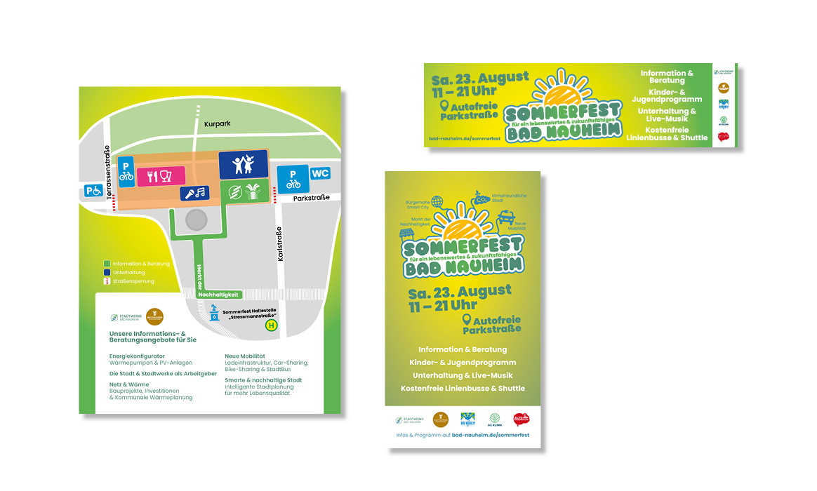 Übersicht der Kommunikationsmedien zum Sommerfest Bad Nauheim mit Lageplan, Programmflyer, Plakat und Webbanner im einheitlichen Corporate Design.