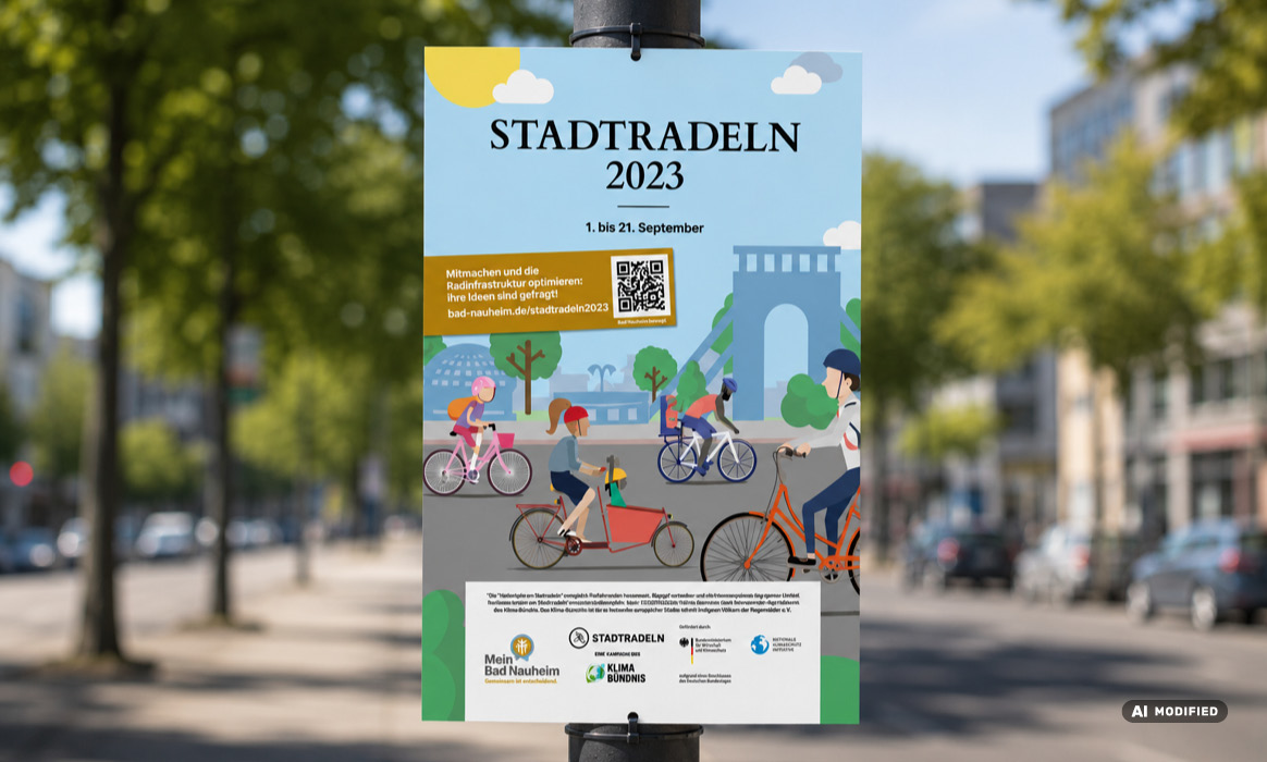 Hohlkammerplatte der Kampagne STADTRADELN in Bad Nauheim an Laternenmast. Sichtbar sind die Überschrift „STADTRADELN“, Illustrationen von Fahrradfahrenden sowie Informationen zur Aktion.