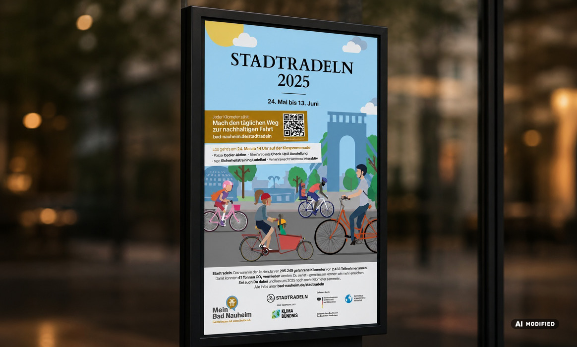 Display der Kampagne STADTRADELN in Bad Nauheim als responsives Mockup auf Monitor mit Informationen zur Aktion sowie Illustrationen von Fahrradfahrenden.